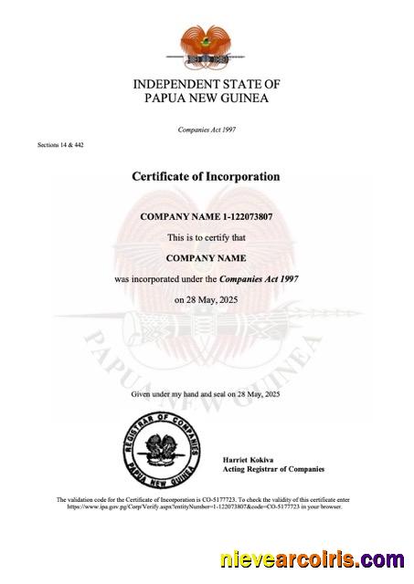 Papua New Guinea certificate of incorporation